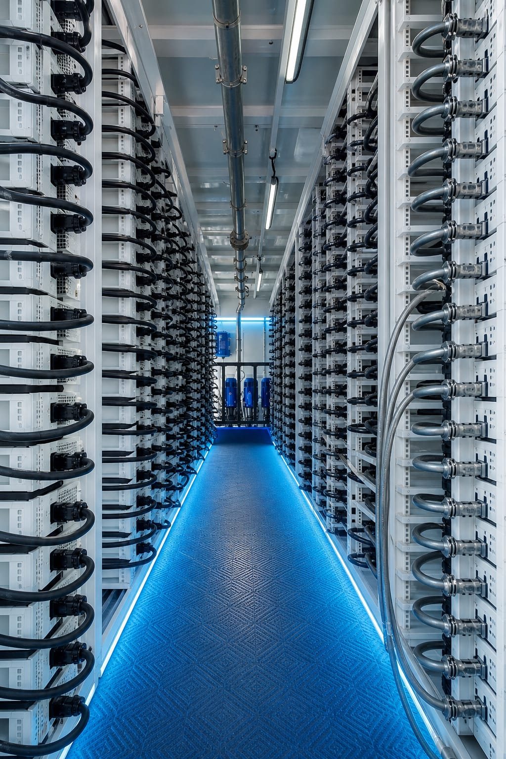 Aisle of hydro-cooled ASIC miner racks