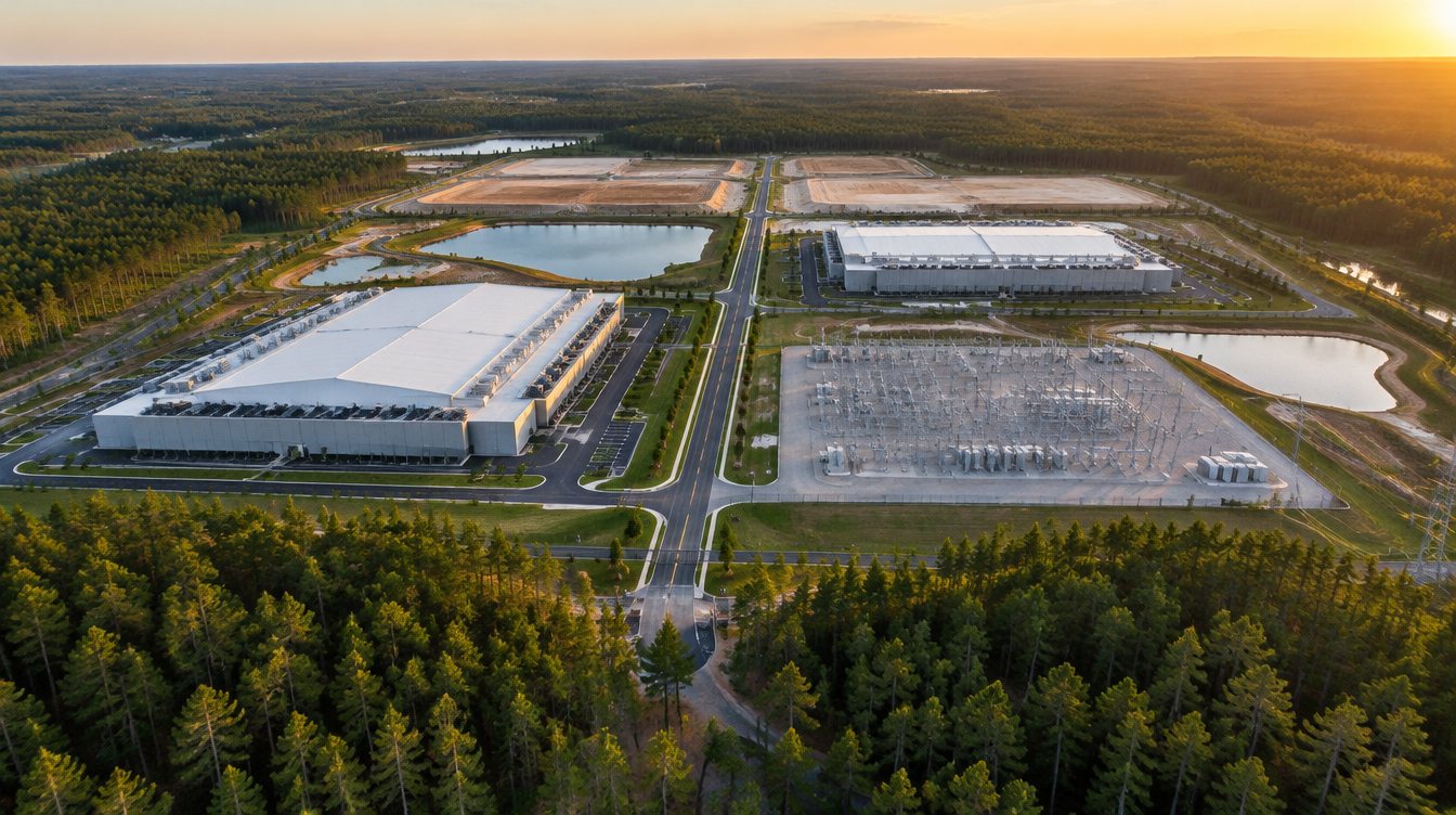 Aerial view of a master-planned data center campus with a substation, two buildings and graded pads for future phases