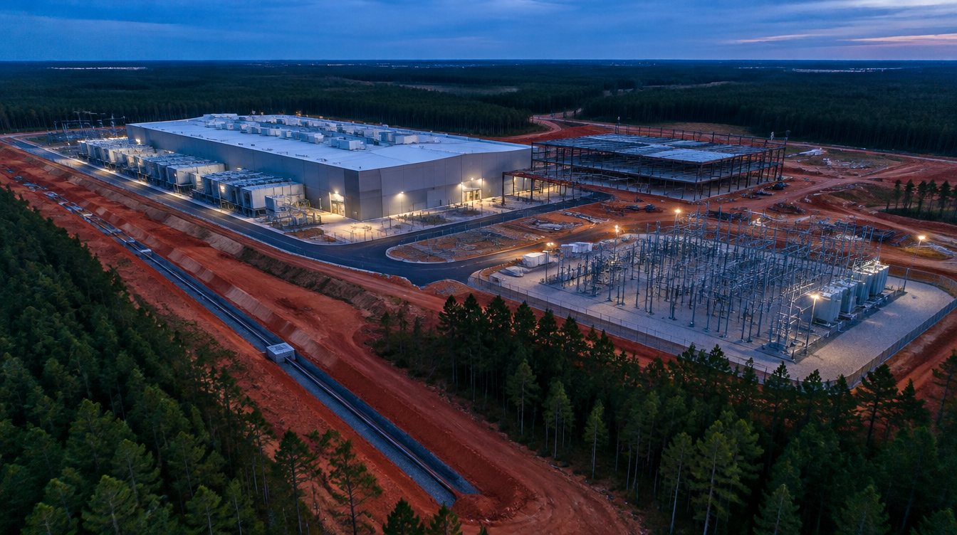 Data center campus at dusk with one finished building and a second under construction beside a substation