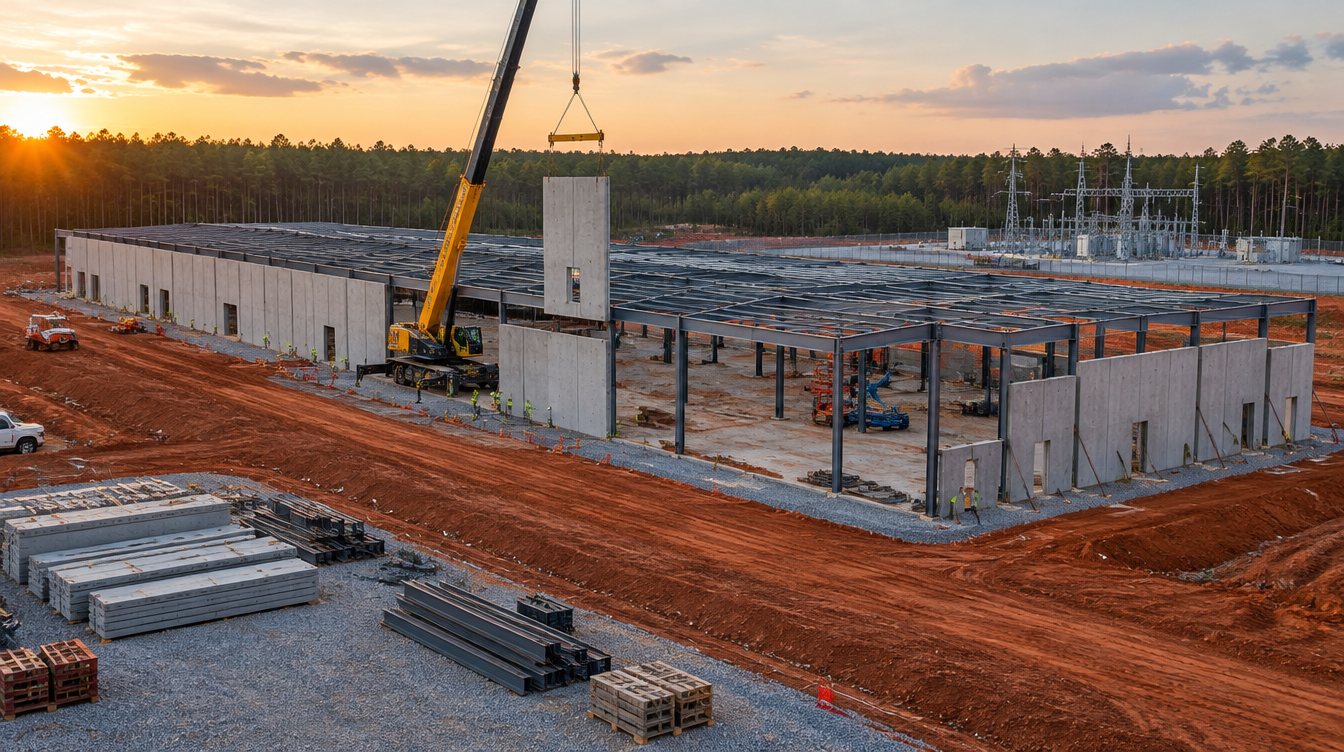 Data center under construction, with a crane setting precast wall panels on a steel frame