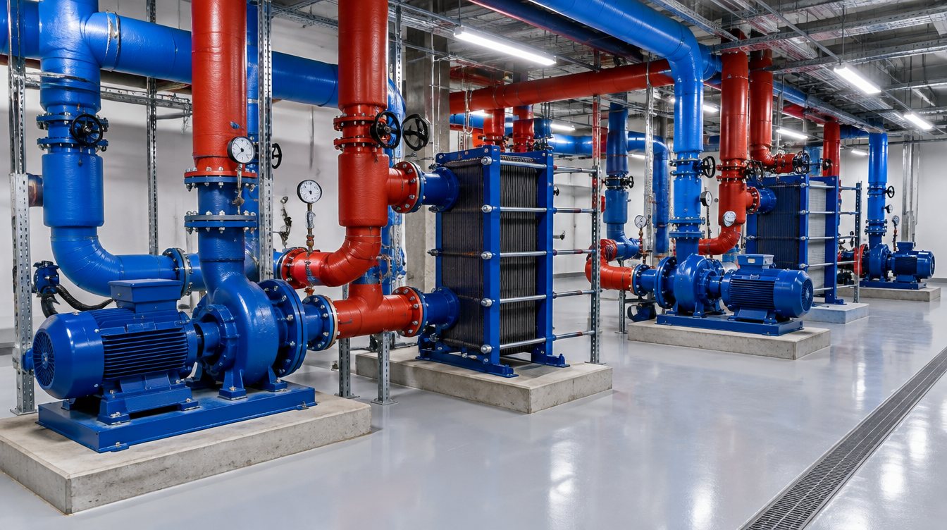 Liquid cooling plant with pumps, heat exchangers and insulated piping