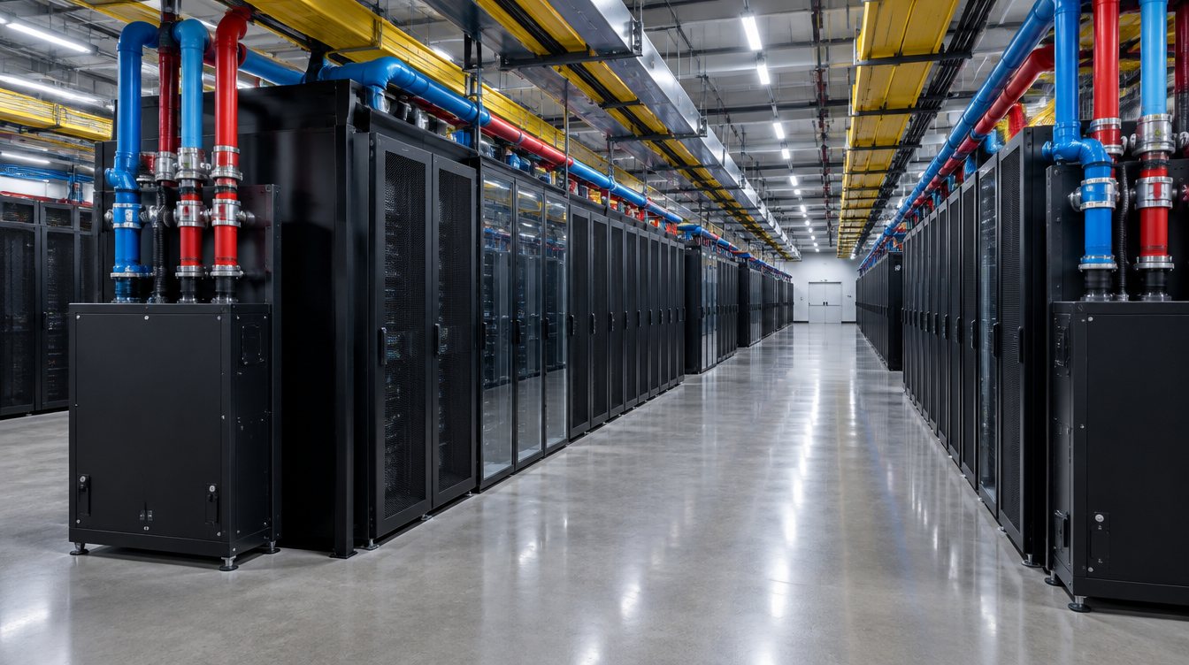 Finished data hall with rows of liquid-cooled racks, overhead busway and coolant piping