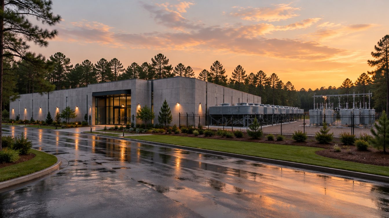 Single-story purpose-built data center among pine trees at dusk, with a cooler yard and substation beside it