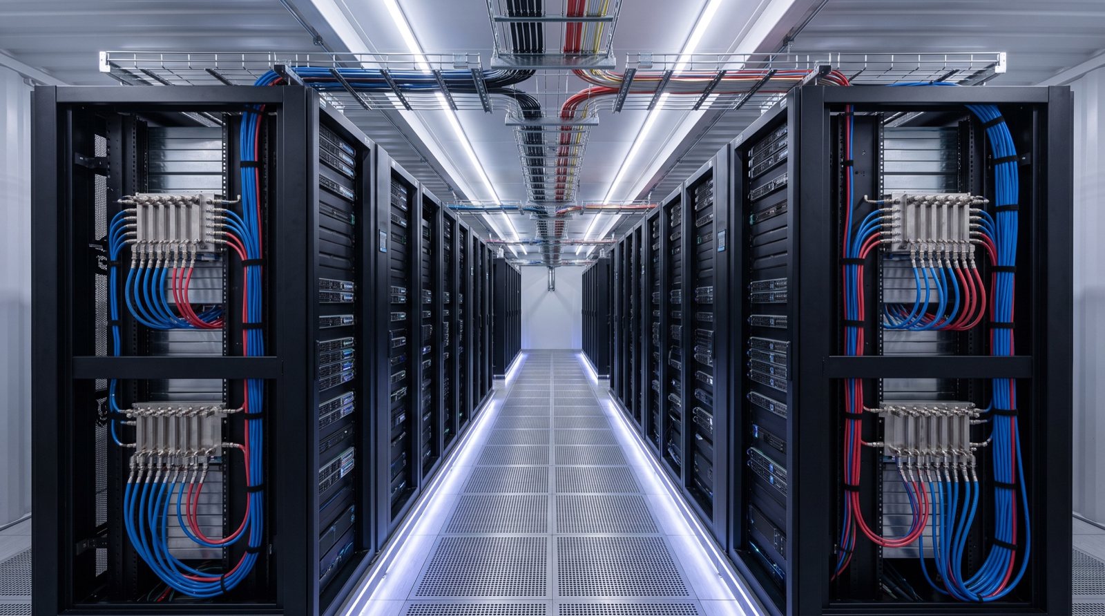 Inside a modular data center: liquid-cooled racks with coolant manifolds and overhead cable trays