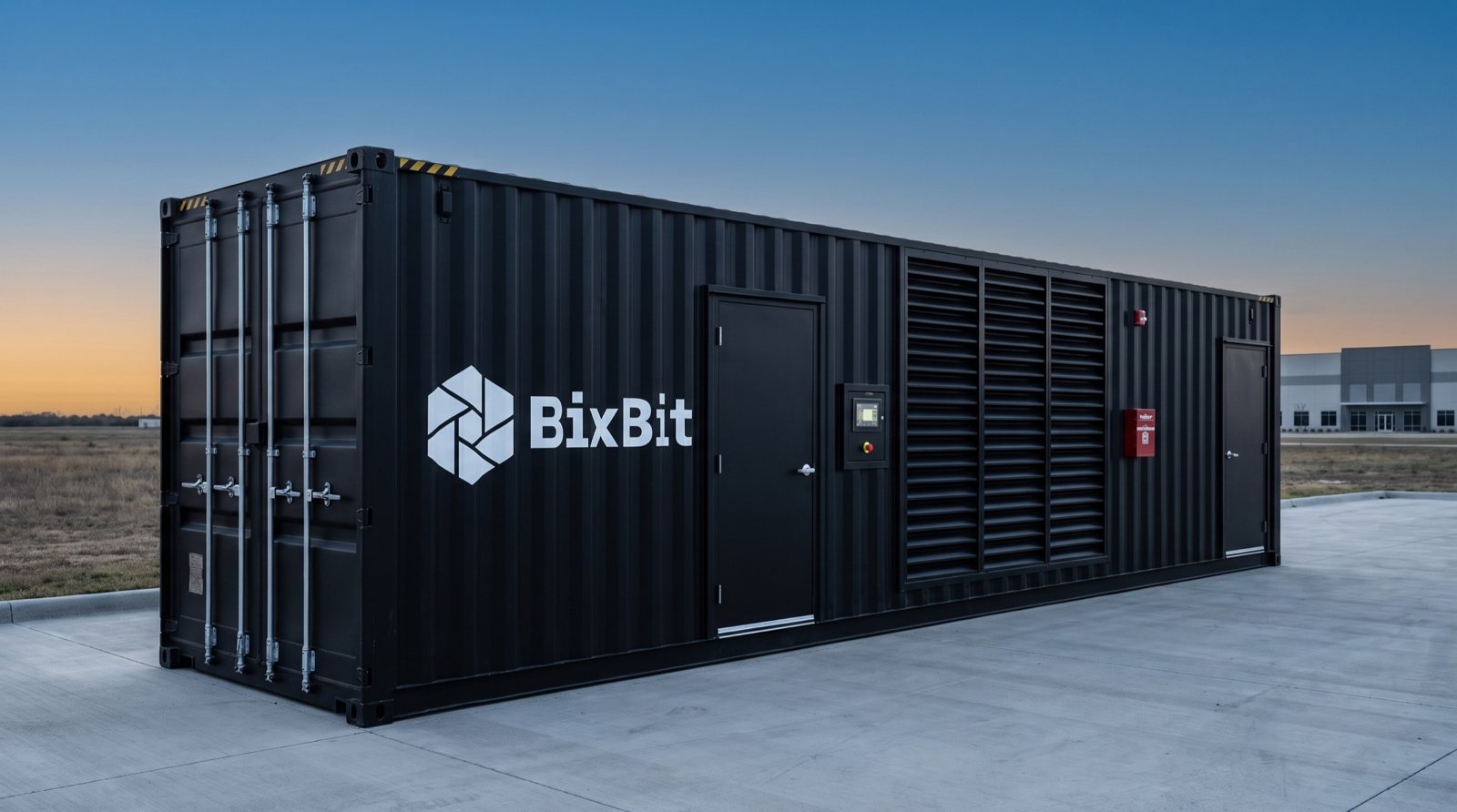 A black BiXBiT modular data center container on a concrete pad at dusk