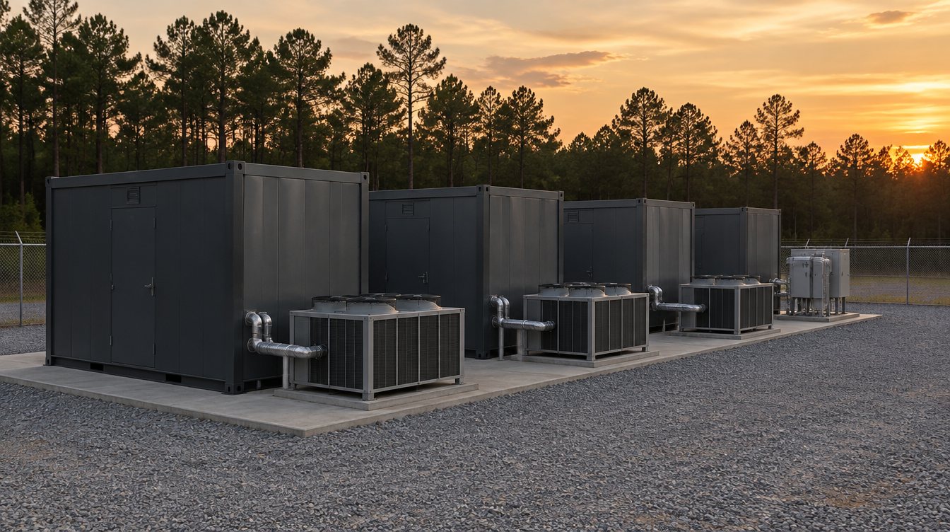 Row of modular data center containers on a concrete pad with fluid coolers on the ground beside each one