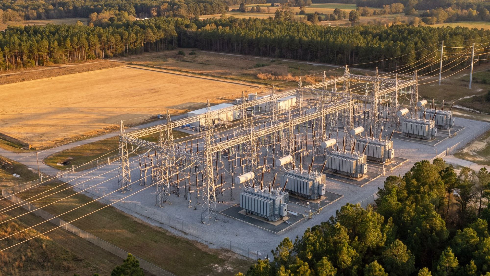 Electrical substation beside graded land at golden hour