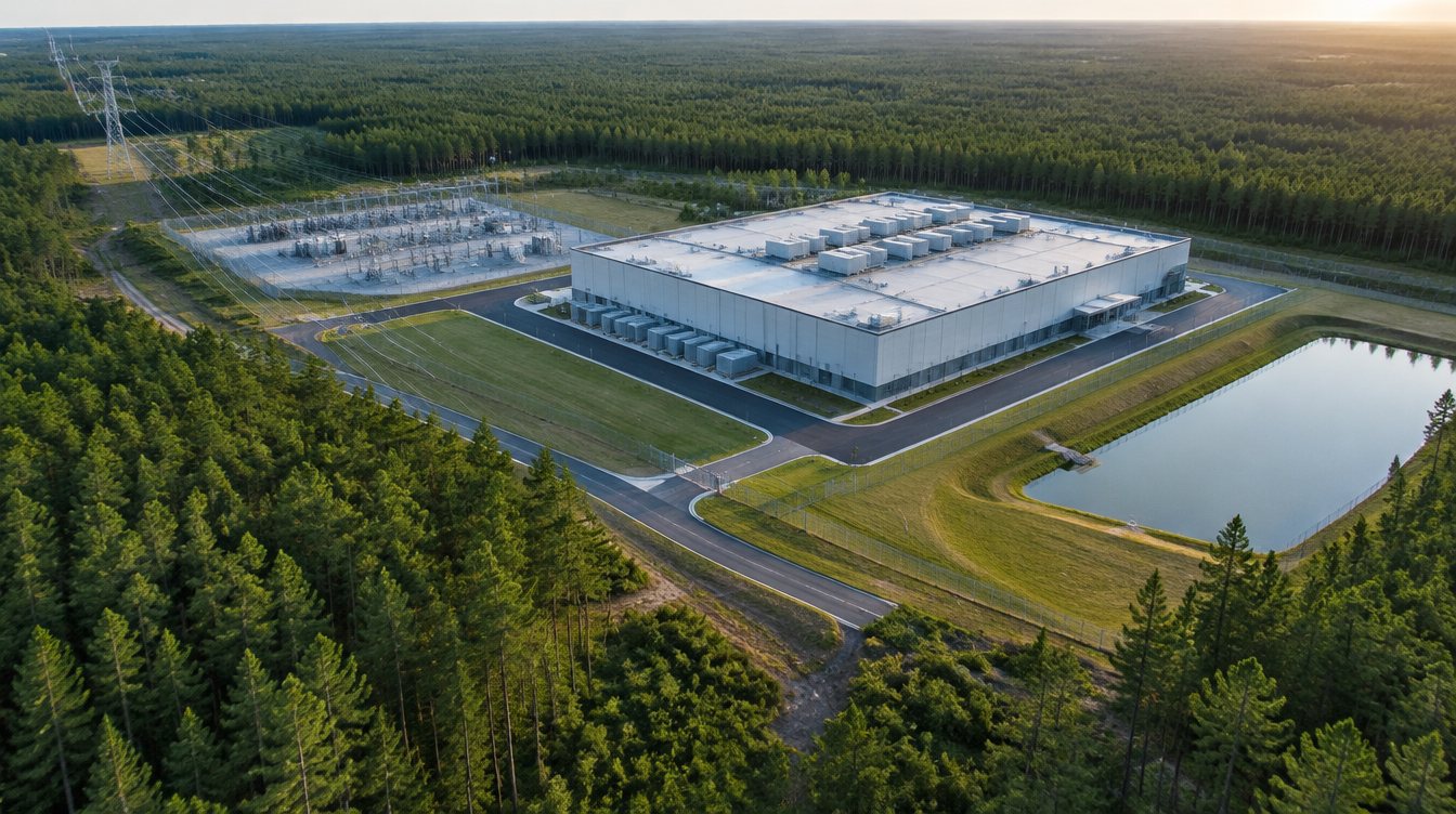 Aerial view of a finished data center shell building with its own substation, surrounded by pine forest