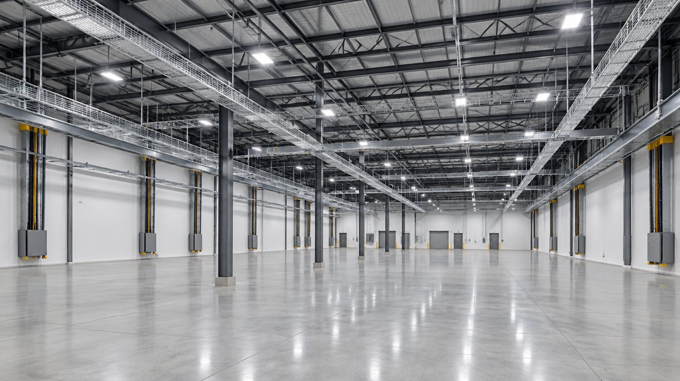 Empty data hall with sealed concrete floor and overhead cable trays