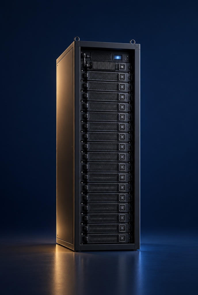 Liquid-cooled AI compute rack lit against a dark background